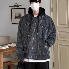 批发假两件拉链情侣装连帽外套男款秋冬季短款呢子大衣高级感加厚夹克