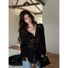 批发实拍实价冬季高级感V领镂空蕾丝宽松开衫女内搭性感微透显瘦上衣