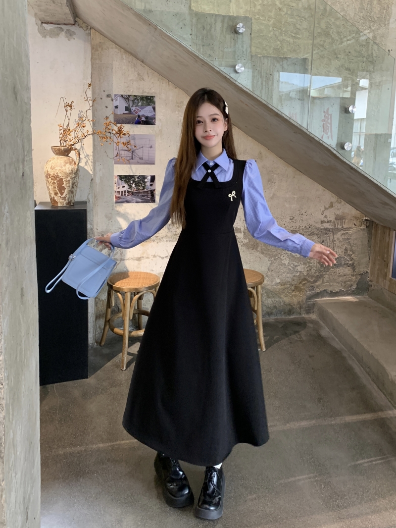 실사 빅 사이즈 여성 의류 페이크 레이어드 학원 스타일 긴팔 드레스 새로운 교 자본금 면접 한 부서 착용 가져 가라. 세트