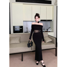 批发实拍实价 网纱透视拼接优雅风<b class='q'>一字肩</b>秋冬新品长袖包臀<b class='q'>连衣裙</b>女