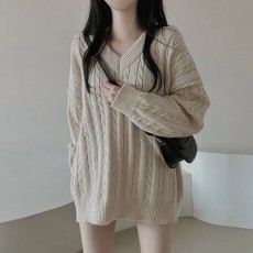 批发现有货 韩国chic复古麻花百搭宽松<b class='q'>毛衣</b>秋冬v领慵懒<b class='q'>中长款</b>针织上衣