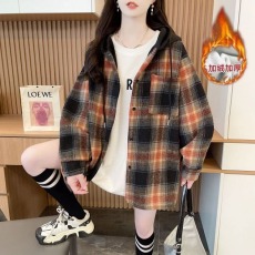 批发实拍复合超柔加绒后包领抖音质量连帽格子<b class='q'>衬衫女</b>中长款外套特价