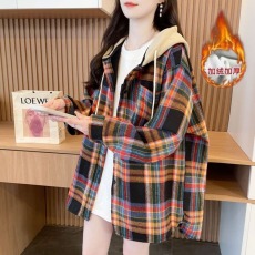 批发实拍 复合超柔加绒后包领抖音质量连帽格子<b class='q'>衬衫</b>女中长款外套特价