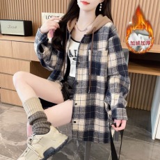批发实拍 复合超柔加绒后包领抖音质量连帽格子<b class='q'>衬衫</b>女中长款冬季外套