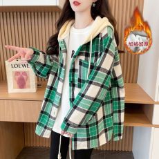 批发实拍复合超柔加绒后包领抖音质量连帽格子<b class='q'>衬衫</b>女中长款外套特价