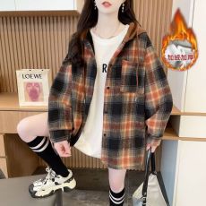 批发实拍复合超柔加绒后包领抖音质量连帽格子<b class='q'>衬衫</b>女中长款外套特价