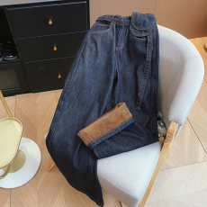 批发实拍韩版复合绒设计感腰带两件套高腰直筒宽松显瘦阔腿牛仔长裤女