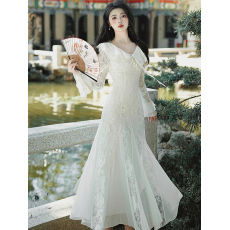 批发2025秋法式V领蕾丝长袖连衣裙女2024秋季<b class='q'>新款</b>女装气质收腰鱼尾裙