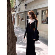 批发实价有货法式黑色蕾丝蝴蝶结镂空修身打底百搭<b class='q'>连衣裙</b>女春款包臀裙