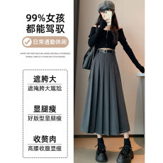 批发晨领厚款灰色半身裙新款秋冬高腰高级感气质A字中长款百褶裙