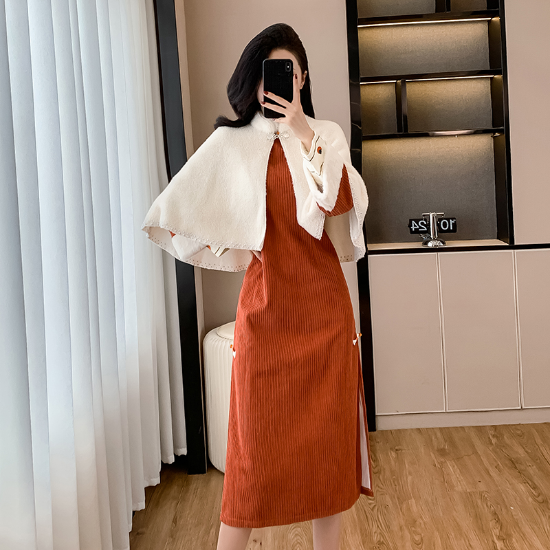 겨울 치파오 2025 새로운 가을 겨울 긴팔 두꺼운 보온 일상 비즈 박기 숄 세트 패션 품격 당나라