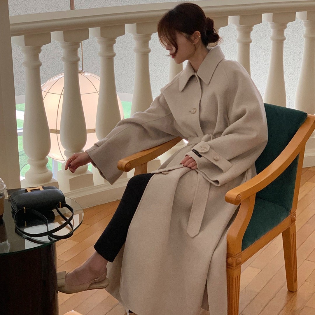 재고 있음 한국 동대문 레트로 품격 폴로 칼라 싱글 줄 버튼 측면 트임 레이스업 모직 외투 여성