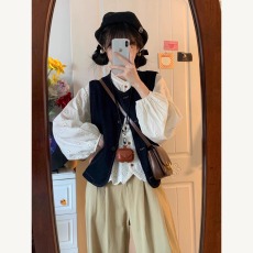 批发春季搭配一整套<b class='q'>大码</b>盐系穿搭刺绣衬衫叠穿马甲日系复古时尚套装女