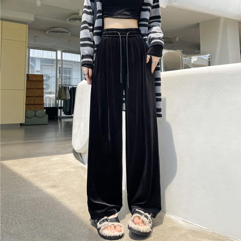 PF28734#显瘦秋冬大码加绒金丝绒阔腿裤子胖mm女宽松高腰休闲垂感拖地长裤女裝貨源服裝批發