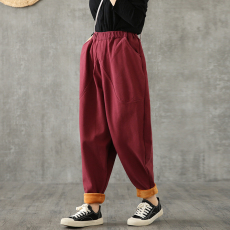 批发复古加绒棉麻<b class='q'>哈伦</b>棉<b class='q'>裤</b>女宽松大码外穿拼接垮<b class='q'>裤</b>秋冬加厚保暖萝卜<b class='q'>裤</b>
