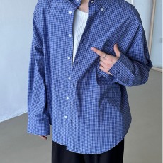批发美式复古蓝色格子长袖衬衫男女宽松情侣休闲高级感百搭衬衣外套潮