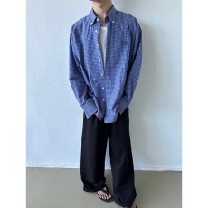批发美式复古慵懒宽松蓝色格子长袖衬衫男2024新款百搭休闲刺绣衬衣潮