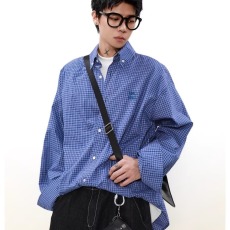 批发美式复古蓝色格子刺绣衬衫外套男春秋季款情侣潮牌痞帅高级感衬衣