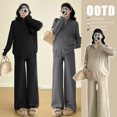 批发实拍#孕妇秋装套装2025新款秋冬季休闲翻领针织上衣+阔腿裤两件套