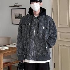 批发冬季保暖美式韩系假两件连帽夹棉衣棉服男女宽松毛呢夹克外套潮牌