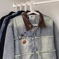 批发2024新款美式复古毛边牛仔外套男女秋季时尚设计感拼接翻领百搭夹