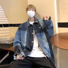 批发2024日系复古设计感水洗做旧撞色拼接男女牛仔外套宽松翻领夹克潮