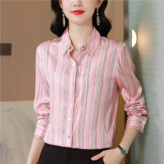 批发显瘦条纹重磅<b class='q'>真丝</b>衬衫女长袖翻领2025秋季百搭桑蚕丝上衣衬衣开衫