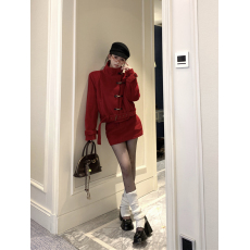 批发实拍复古立领长袖夹棉毛呢外套女+防走光包臀半身裙<b class='q'>套装</b>