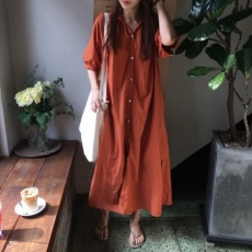 批发韩国 清新氧气少女 极简纯色单排扣 褶皱领衬衫式过膝连衣裙