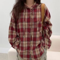 批发韩版春秋磨毛格子连帽<b class='q'>衬衫</b>学院风小众百搭休闲宽松长袖<b class='q'>衬衣</b>外套女