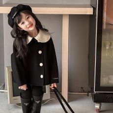 批发夹棉：2024秋冬新款女童小香风毛呢上衣时尚女宝宝短款大衣外套潮