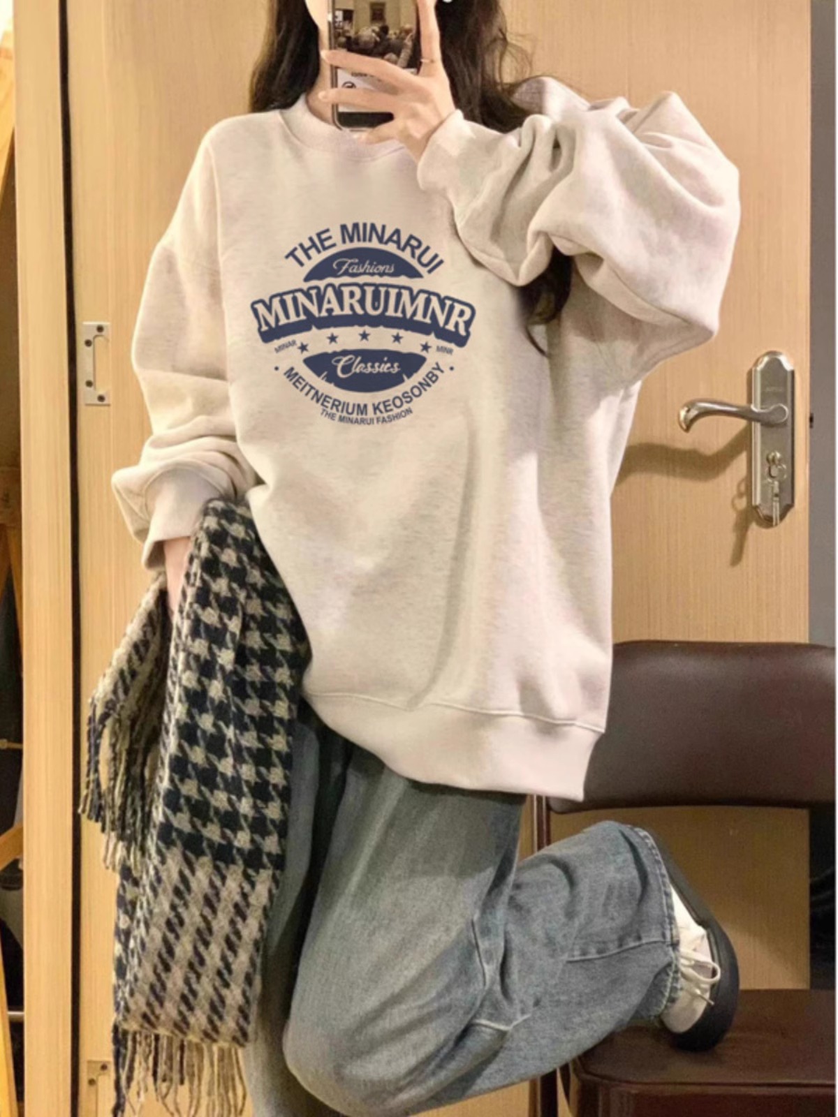 PF28384# 仿棉华棉复合牛奶丝圆领连帽双帽宽松卫衣女裝貨源服裝批發