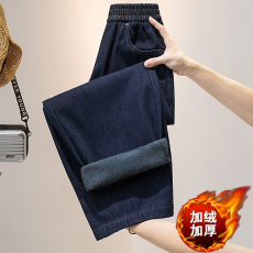 批发实拍大码女2026<b class='q'>冬</b>款胖mm加绒加厚弯刀裤休闲保暖牛仔裤小个子