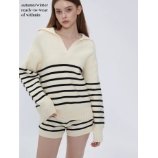 批发亚马逊 法式小香风条纹舞曲宽松慵懒风毛衣女上衣短裤女两件套装