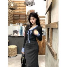 批发大码～曼妙之影灰色v领裙子秋<b class='q'>冬</b>新款撞色拼接设计连衣裙