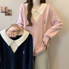 批发实拍~胖MM大码polo领刺绣假两件针织衫宽松显瘦毛衣