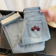 批发实拍复合绒国潮设计感格子五角星刺绣高腰显瘦窄版阔腿牛仔长<b class='q'>裤子</b>