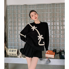 批发秋冬装大码女装蝴蝶结甜酷黑色针织毛衣宽松慵懒风网红炸街上衣