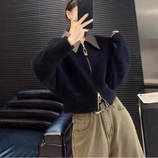 批发秋装新款复古高级感皮polo领拼接针织开衫双头拉链慵懒风外套