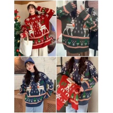 批发欧洲站亚马逊正版红色情侣诞毛衣女爆款加厚宽松显瘦套头百搭