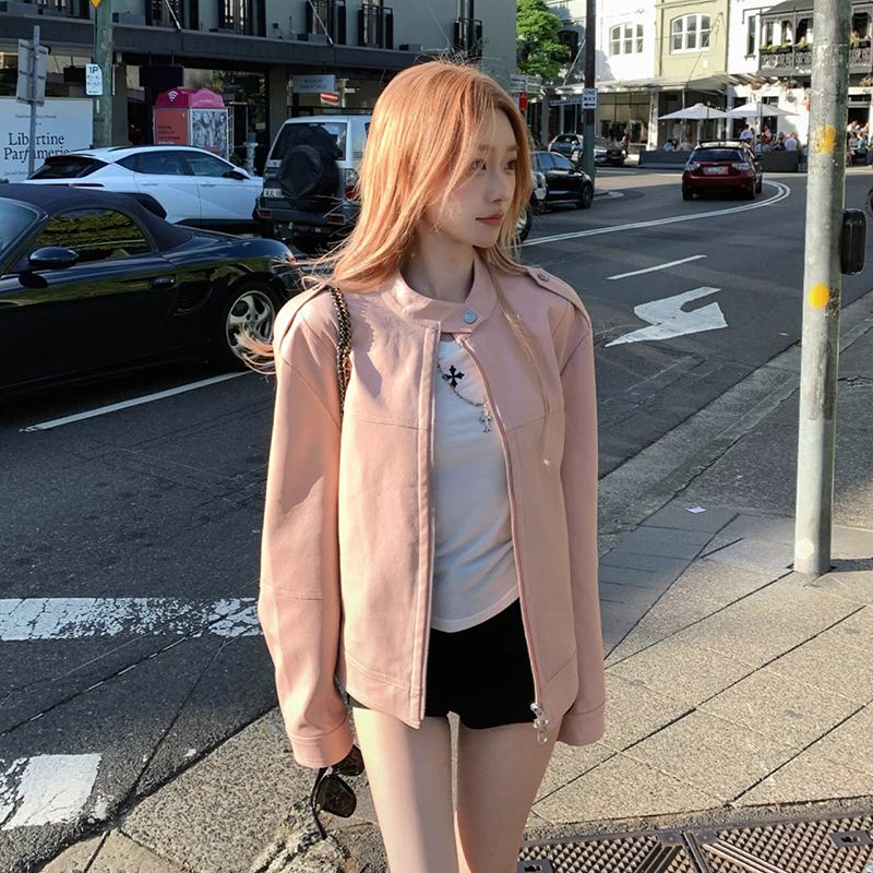 PF27509# PU皮粉色极简皮衣外套女美式复古休闲拉链夹克上衣女女裝貨源服裝批發