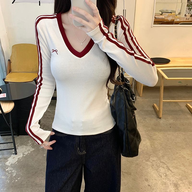 PF26295# 长袖t恤女装春秋薄款2024潮流撞色短款修身打底衫V领韩版上衣女裝貨源服裝批發