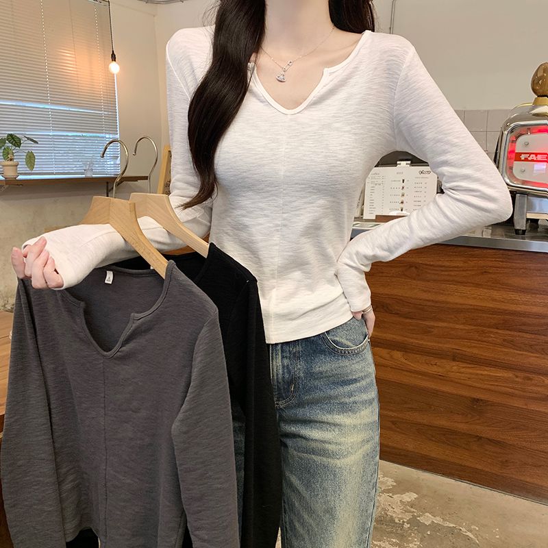 PF26293# 长袖t恤女装春秋薄款2024潮纯色短款修身打底衫小V领韩版上衣女裝貨源服裝批發