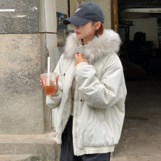 批发实拍美式复古毛领连帽棉服女冬季设计感加厚保暖派克服<b class='q'>棉衣</b>外套