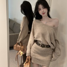 批发实拍春秋韩版慵懒风简约低圆领针织短裙气质宽松型套头毛衣连衣裙