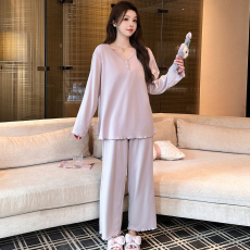 批发秋冬季<b class='q'>甜美</b>少女德绒V领套头带胸垫抗静电保暖睡衣女长袖长裤套装