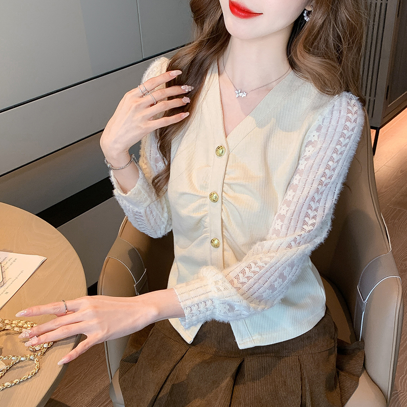 PF26283# 设计感毛针织衫甜美法式长袖设计感显瘦大气v领上衣女女裝貨源服裝批發