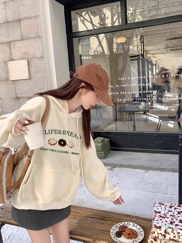 PF28386# 仿棉华棉复合牛奶丝圆领连帽双帽宽松卫衣女裝貨源服裝批發