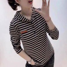 批发2025新款休闲简约通勤显瘦上衣中年妈妈秋季时尚百搭条纹连帽t恤