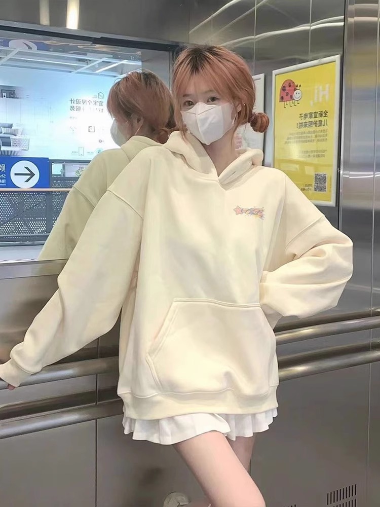 PF28389# 仿棉华棉复合牛奶丝圆领连帽双帽宽松卫衣女裝貨源服裝批發